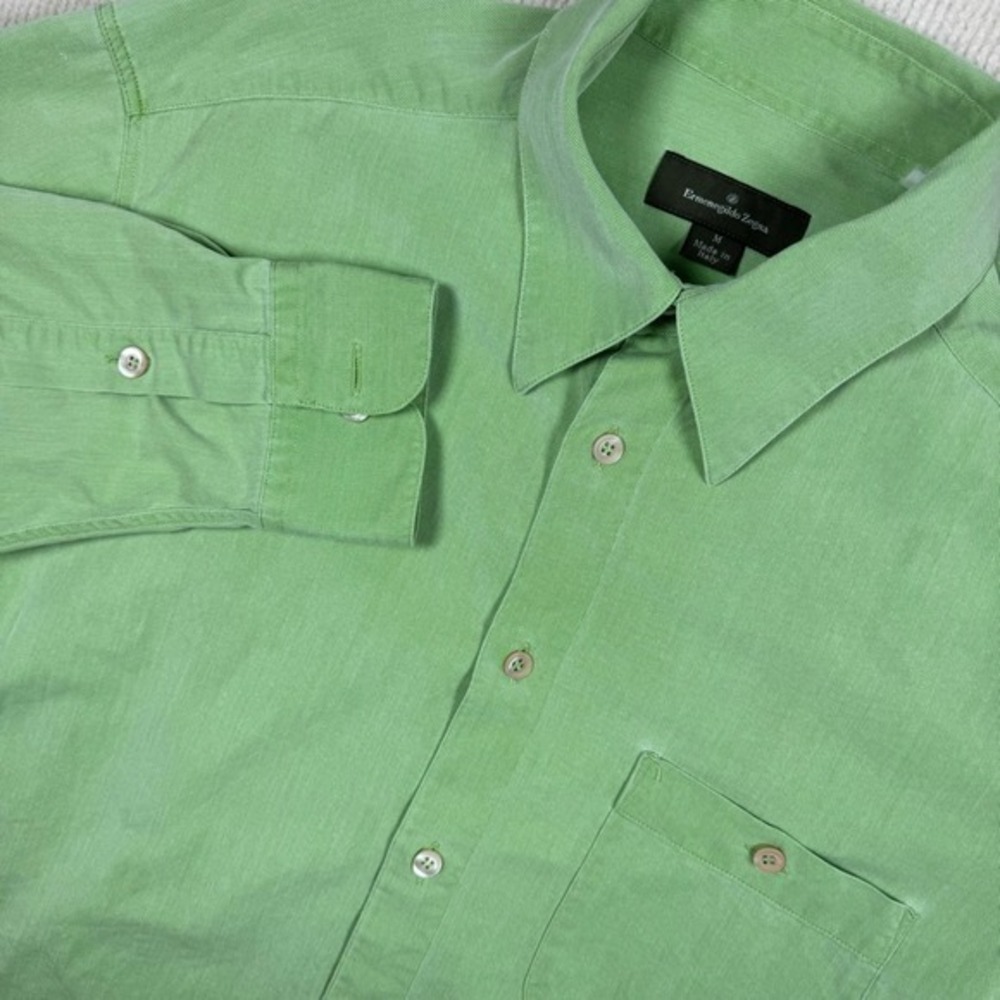 Ermenegildo Zegna Button Down Shirt Mens M Green Cotton Lyocell Italy